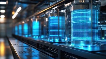 A futuristic data center powered by hydrogen energy, glowing blue hydrogen tanks and cooling systems