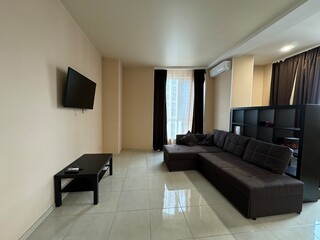 Modern Minimalist Living Room with Comfortable L-Shaped Sofa and Wall-Mounted TV