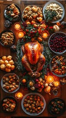 Top view of Thanksgiving feast dinner with roasted turkey