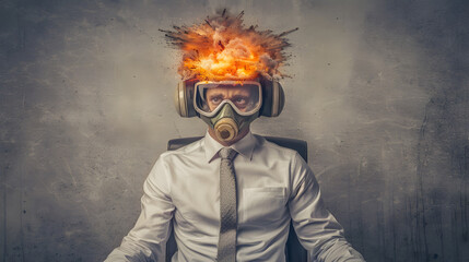 A pilot with an exploding head and Symbolizing the concept of stress and mental health in an aviation context. 