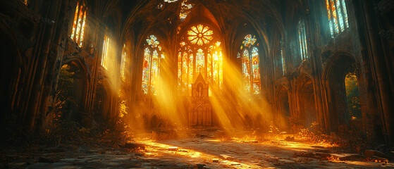  An eerie, abandoned Gothic cathedral with sunlight streaming through broken stained glass windows, casting colorful patterns on the dusty floor.