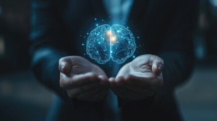 Fototapeta premium A futuristic digital brain glowing in a business professional's hands, symbolizing the advancement of AI technology and creative innovation.