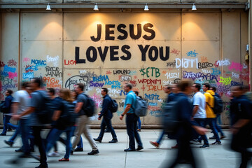Crowds of people, pedestrian, commuters in a subway metro underground tunnel walking past a wall with the words JESUS LOVES YOU, a message for the lost, helpless to seek Christ as savior. Motion blur.