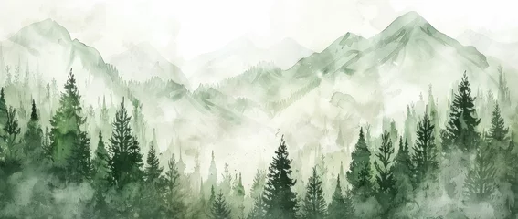Gordijnen Olijfgroen Serene watercolor landscape featuring misty mountains and lush evergreen trees in soothing green tones  © VICHIZH