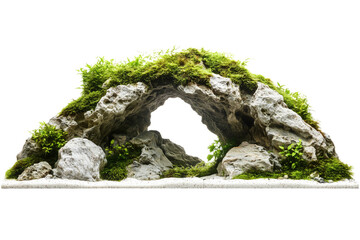 White rock cave with moss and rocks for aquarium decoration, isolated on a transparent background png