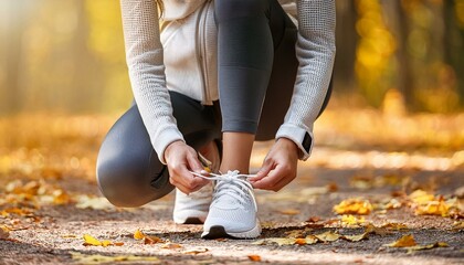 Running white shoes runner woman tying laces for autumn run in forest park