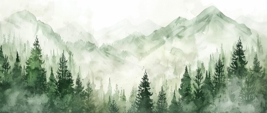 Serene watercolor landscape featuring misty mountains and lush evergreen trees in soothing green tones