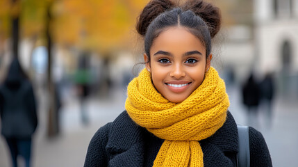 Warm Autumn Portrait of a Young Woman With a Yellow Scarf in a Bustling City Street Surrounded by Fall Colors