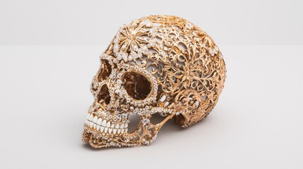 Fototapeta premium Regal Diamond Skull Adorned with Elegant Gold Filigree Patterns Symbolizing Luxury and Mortality, Generative Ai