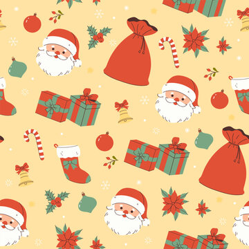 Seamless Christmas pattern with santa bags, gifts, santa claus faces. Vector graphics.