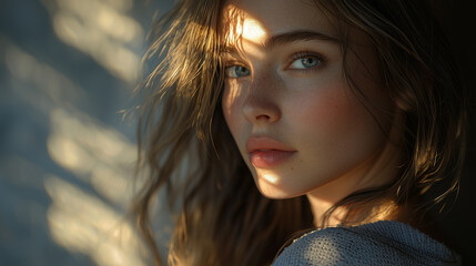 A smooth, cinematic portrait of a woman, bathed in soft shadows. The lighting softly highlights her face, while the rest of the image is in smooth, dark tones, creating a serene, intimate mood.