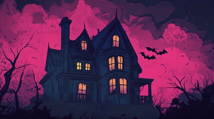 Scary small castle in the horror forest and old graveyard.