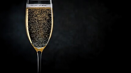 A glass of chilled champagne with bubbles rising elegantly, set against a dark, moody background, evoking a sense of celebration and luxury