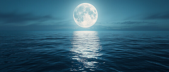 A smooth cinematic view of a full moon shining over a calm ocean at night. The soft glow of the moon reflects gently on the dark water, creating a serene and peaceful atmosphere.