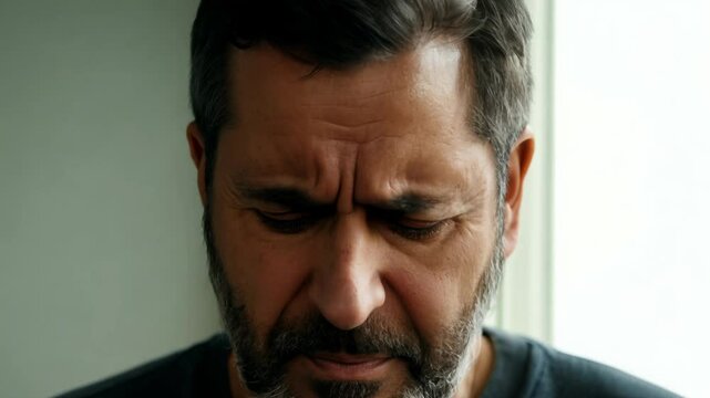 Close-up video of a middle-aged man with a beard expressing shame. Neutral background. Natural window light.