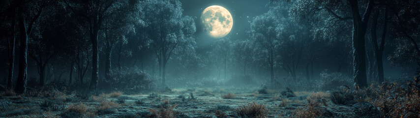 A smooth cinematic view of a forest clearing under soft moonlight. The dark trees create shadows, while the smooth light from the full moon illuminates the serene scene.