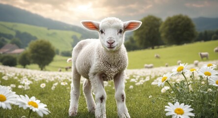 Fototapeta premium White sheep on green grass floral meadow