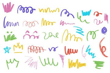 Set of colorful hand-drawn scribble isolated on white background, grunge scribble collection.