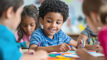 A group of elementary students working together on a creative art project in an engaging school environment