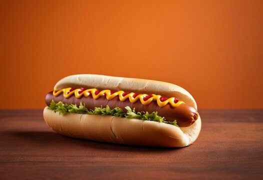 Hot Dog with Mustard and Ketchup Zig-Zag on Bun with Orange Background