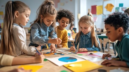 Fototapeta premium A group of elementary students working together on a creative art project in an engaging school environment