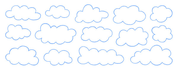 Chalk pencil clouds doodle set. Childish crayon sky, Pastel kids sketch. Grunge texture. Hand drawn vector illustration isolated on white background