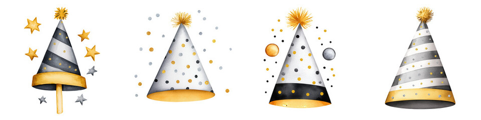 Four festive party hats with polka dots and stars in gray, white, and gold, perfect for celebrations and New Year festivities.