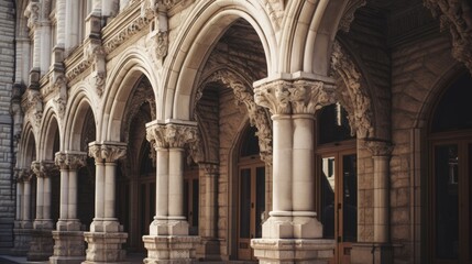 Old ancient columns in building of medieval architecture. Neural network ai generated art