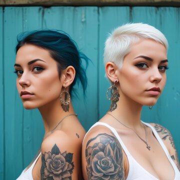 Two short-haired girls with tattoos stand back to back