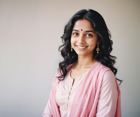 Fototapeta premium Portrait of a beautiful Indian girl in pink national costume
