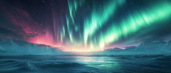 A cinematic view of the northern lights dancing in the sky above a snowy wilderness, with vivid green and purple hues illuminating the night and reflecting on the snow.