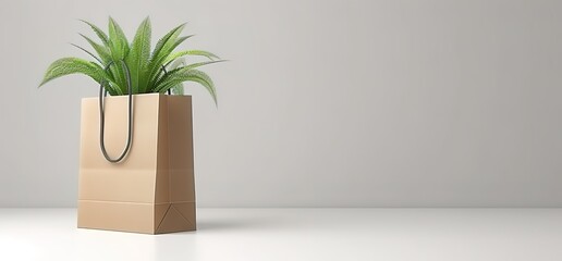 Brown paper shopping bag with plant on a white background. Minimalist design, environmentally friendly, sustainable packaging.