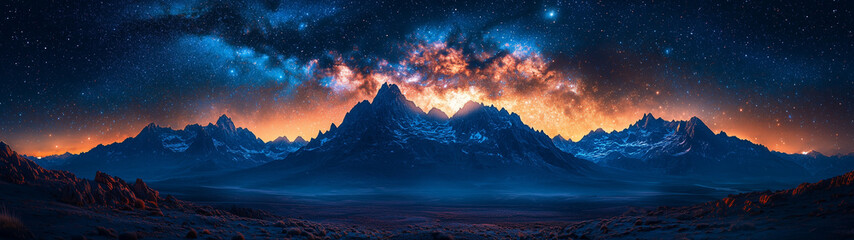 A cinematic night sky featuring the Milky Way stretching across a remote mountain range, with stars twinkling above and the landscape bathed in soft moonlight.