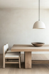 Minimalist coastal dining room with bleached wood furniture and Mediterranean decor. Residential interior design composition with copyspace