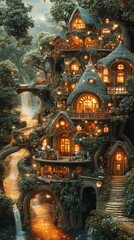 A whimsical treehouse village glowing softly among lush foliage, evoking a sense of magic and wonder in nature.