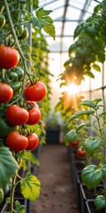 Tomato plants in greenhouse with sunlight filtering through leaves