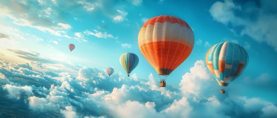Obraz premium A cinematic scene of colorful hot air balloons floating serenely in a bright blue sky, with soft clouds drifting lazily.