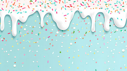 Fototapeta premium Cute mint background with white dripping cream and colorful sprinkles at the top. mobile wallpaper or background design in the style of a minimalist illustration.