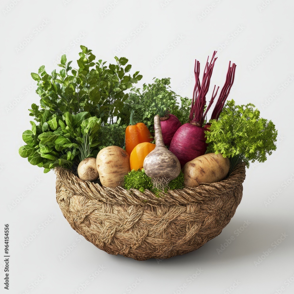 Poster Fresh organic vegetables in a woven basket.