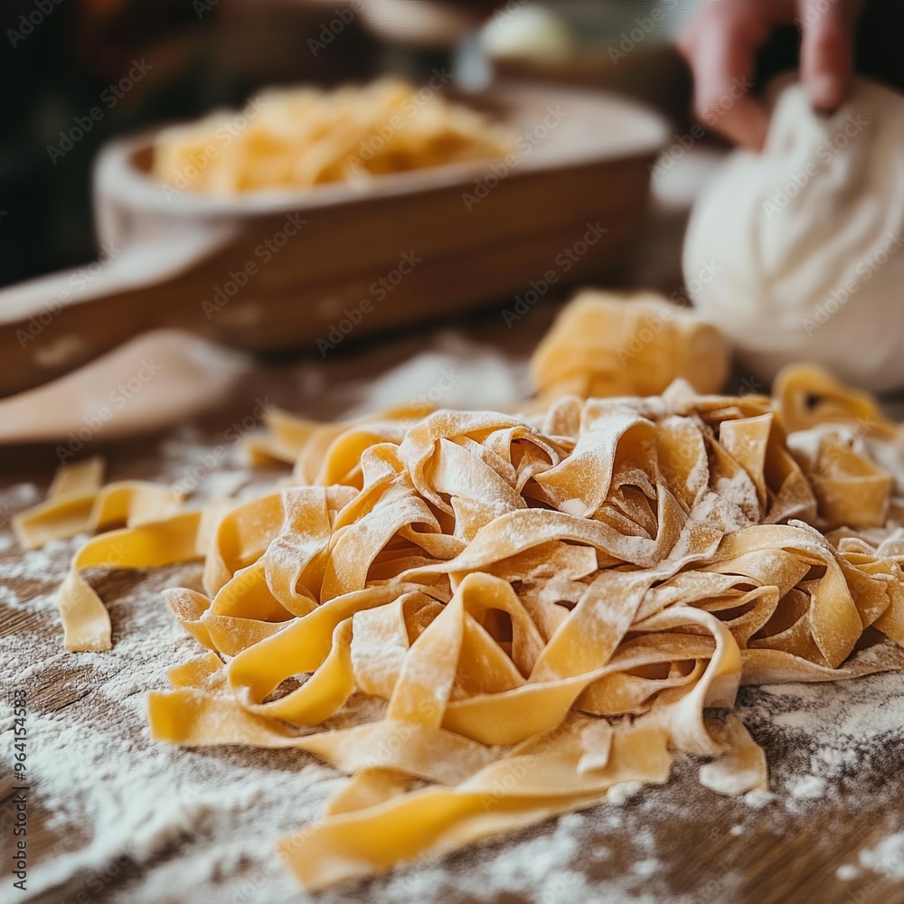 Wall mural Fresh pasta noodles dusted with flour on a rustic wooden surface.