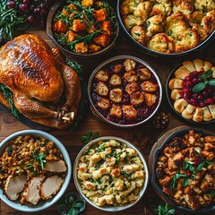 Top view of Thanksgiving food on table