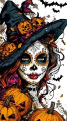 colorful pin up girl with half her face in sugar skull makeup wearing withch hat surrounded by pumpkins and bats in clip art style haloween themed background on white background vibrant color scheme