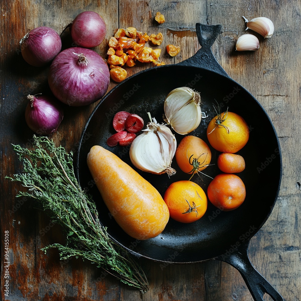 Canvas Prints Fresh vegetables and herbs in a cast iron pan.