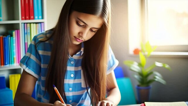 A school girl is studying and researching at home.