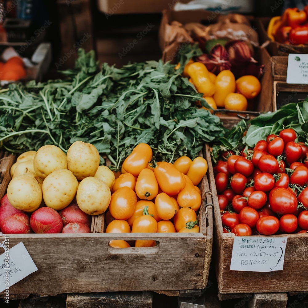 Wall mural Fresh vegetables, including potatoes, tomatoes, and peppers, are displayed in wooden crates at a market.