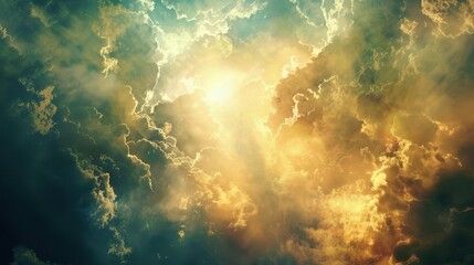 Fototapeta premium Painting of clouds and sun shining with a bright light, Golden sky background for Jesus Christ, the Son of God, Angel, Fairy blessing.