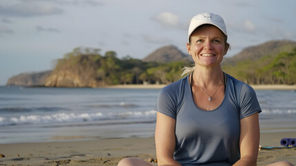 A serene yoga instructor smiles peacefully at the viewer while in a tranquil beachside yoga retreat