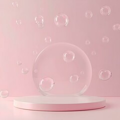 A pink background with a podium and bubbles floating in the air, creating an atmosphere of lightness and freshness for product presentation