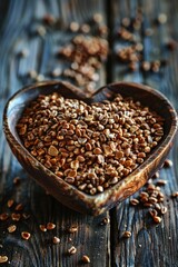 A bowl of brown grains is sitting on a wooden table. The grains are scattered around the bowl, creating a sense of abundance and warmth. The bowl itself has a heart shape, adding a touch of whimsy