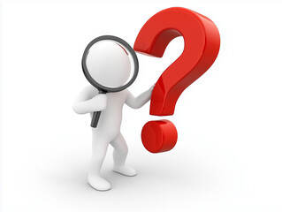 White Man Icon with Magnifying Glass and Red Question Mark, Clip Art Style, Minimalist Design